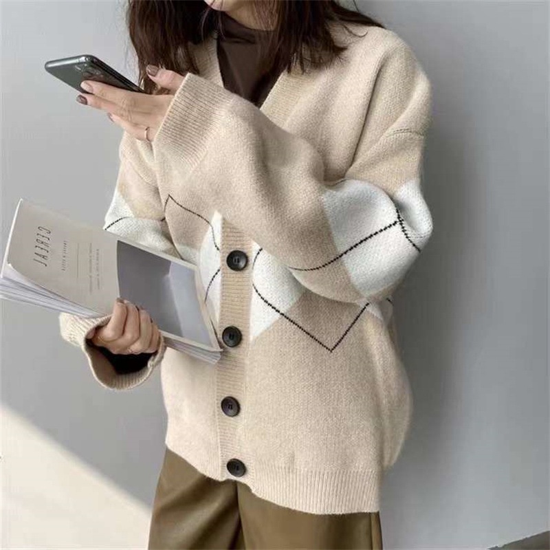Áo khoác len cardigan retro họa tiết hình thoi dáng dài phong cách Hàn Quốc G-15