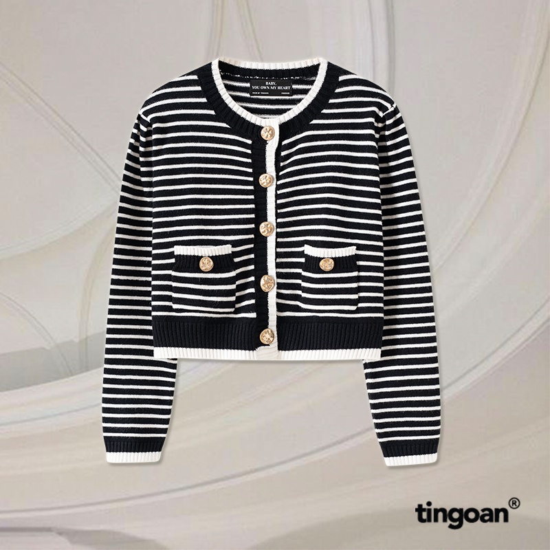 TINGOAN® - Áo set len xù cardigan lửng tặng kèm áo 2 dây kẻ ngang nhỏ đen vai bồng CAPPUCCINO CARDIGAN/BL