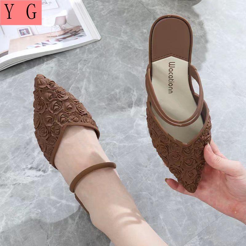 Giày Búp Bê Nữ Mũi Nhọn Chất Nhựa Vintage hoa hồng hở gót thoáng chân chịu nước  ,Siêu bền ,siêu dễ thương  MÃ KU12