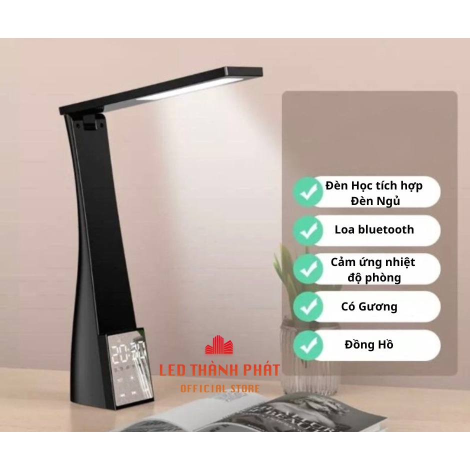 Đèn Decor bàn học đa năng, Đèn ngủ tích hợp đông hồ, loa bluetooth và gương