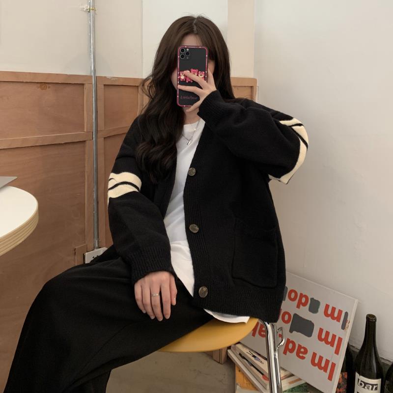 Áo khoác cardigan len nữ tay dài bigsize LUHAZO form dáng rộng phối sọc đen trắng hàng Quảng Châu chất đẹp