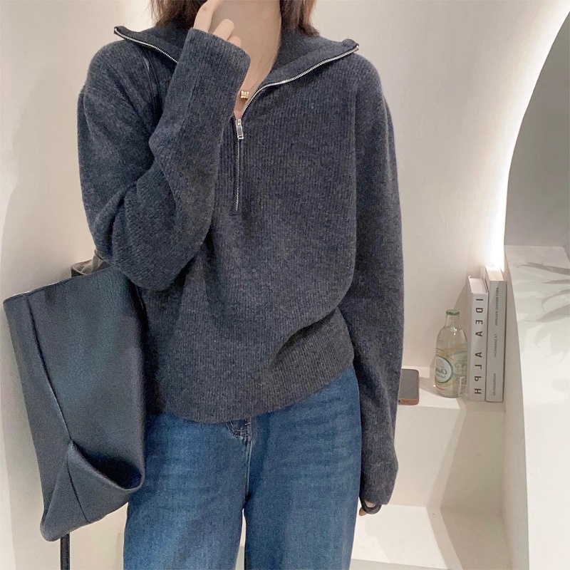 Áo dệt kim ZHELIHANGFEI tay dài dáng rộng phối khóa kéo phong cách Hàn Quốc dễ phối đồ