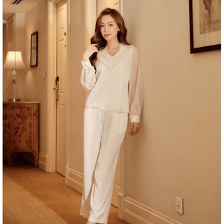 Bộ đồ ngủ nữ pyjama lụa thiết kế cao cấp LYSILK - BN221 - Áo dài quần dài đồ mặc nhà thoải mái