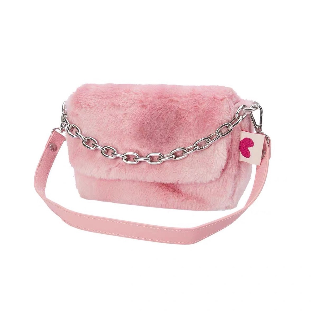 Túi Đeo Chéo Lông Cừu Hình Gấu Dâu Tây Hoạt Hình Phối Dây Xích Thời Trang Thu Đông Phong Cách Mới Cho Nữ Fema