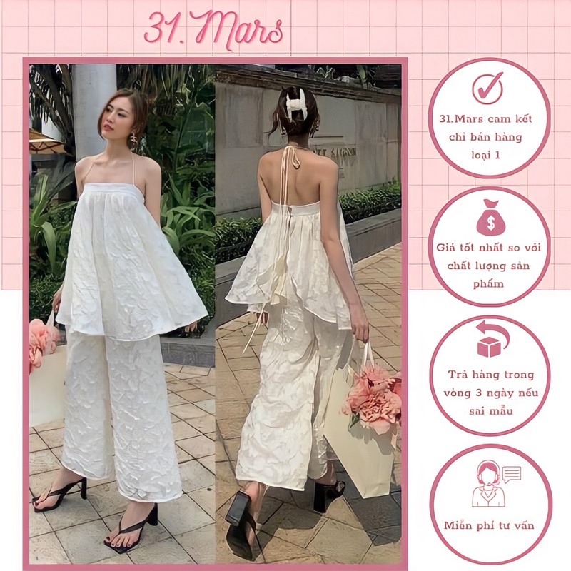 Set áo 2s cổ yếm thắt nơ cổ hở lưng +quần ống suông thiết kế màu be hoa nổi cao cấp sang chảnh thích hợp dạo phố du lịch