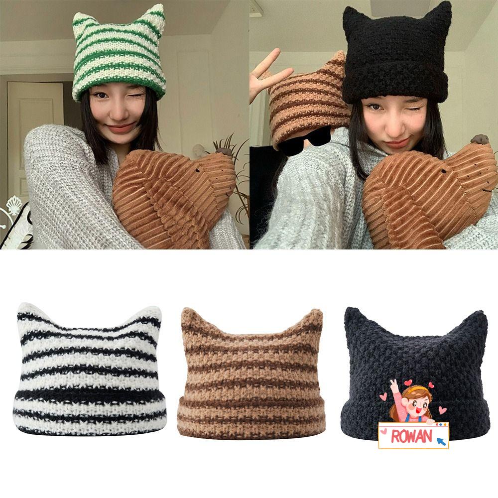 Mũ Beanie Tai Mèo Họa Tiết Kẻ Sọc Dễ Thương Phong Cách Nhật Bản