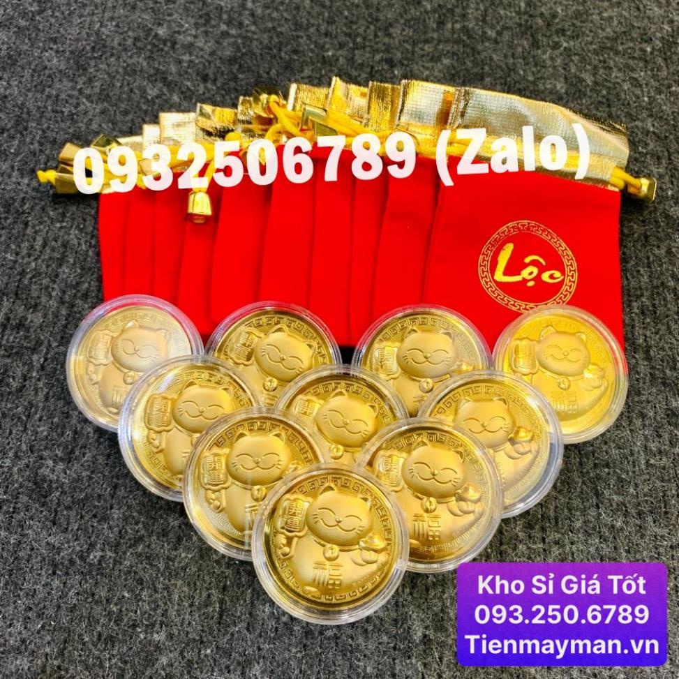 Xu Lá Vàng Mèo Thần Tài May Mắn + Túi Gấm Phúc Lộc