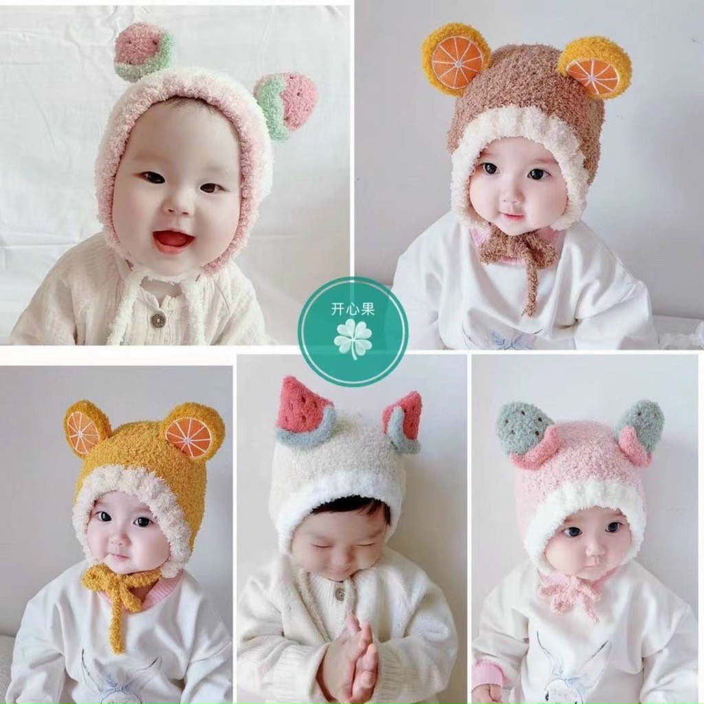 Mũ Len Cho Bé Hình Hoa Quả Có Dây Buộc 6-36 Tháng