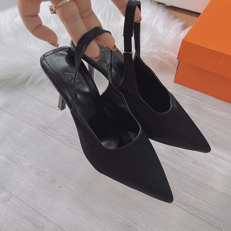 Giày sandal cao gót za.rra lụa mũi nhọn gót nhọn 5cm