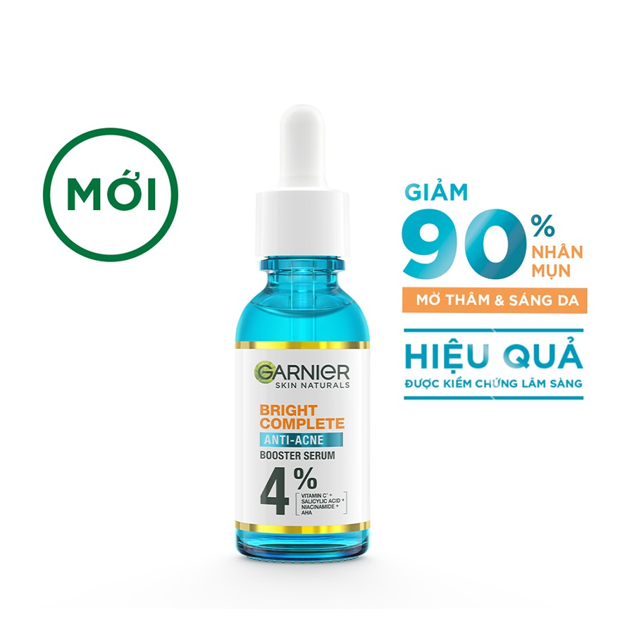 Dưỡng chất cho da dầu mụn Garnier Bright Complete Anti-Acnes Booster Serum 4% [Niacinamide, BHA, AHA, Vitamin C] 30ml