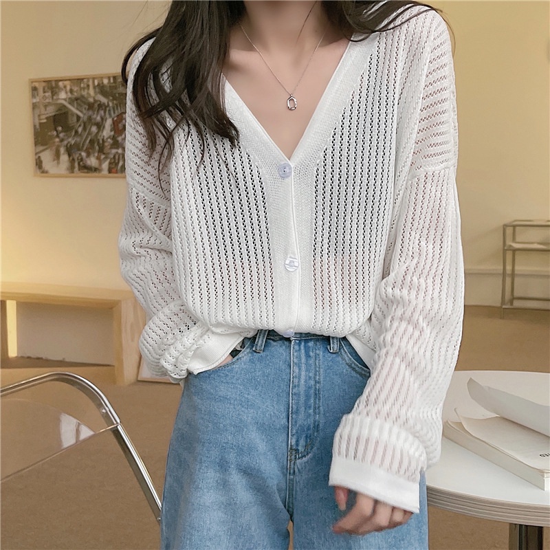 IELGY  Áo Khoác cardigan Dệt Kim Mỏng Cổ Chữ v Màu Xanh Dương Thời Trang Cho Nữ