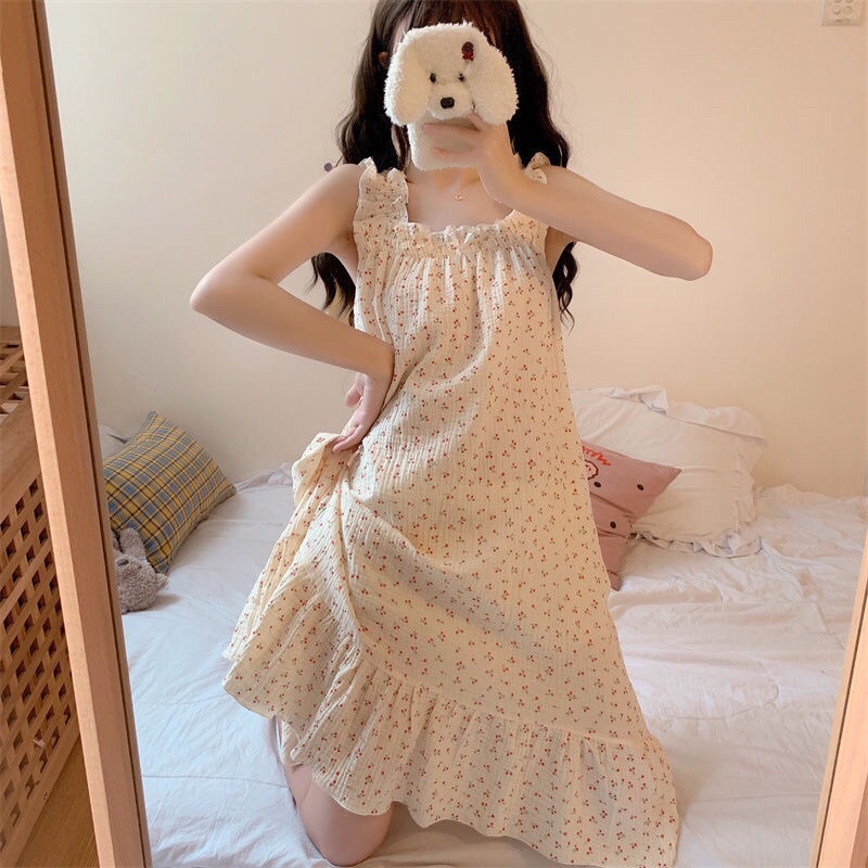 Váy ngủ mặc nhà 2 dây bản to chất đũi xốp mềm - mỏng - mát