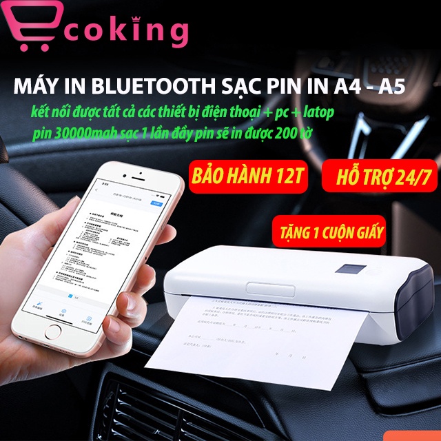Máy in nhiệt mini bluetooth A4, A5 cầm tay ECOKING sạc pin kết nối được tất cả các dòng điện thoại, latop,PC in lưu động
