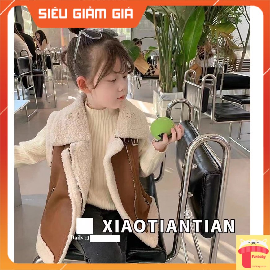 Áo da lộn bé gái 2-7 tuổi lót lông cừu kéo khóa. Gile lông cho bé kiểu dáng khỏe khoắn thời trang