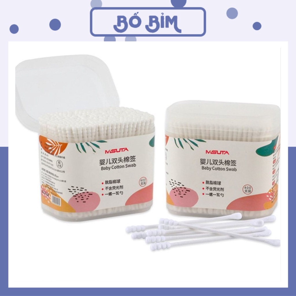 Tăm Bông Cho Bé MISUTA - Bông Tự Nhiên - Hộp 400 chiếc tăm bông đầu xoắn Misuta cao cấp