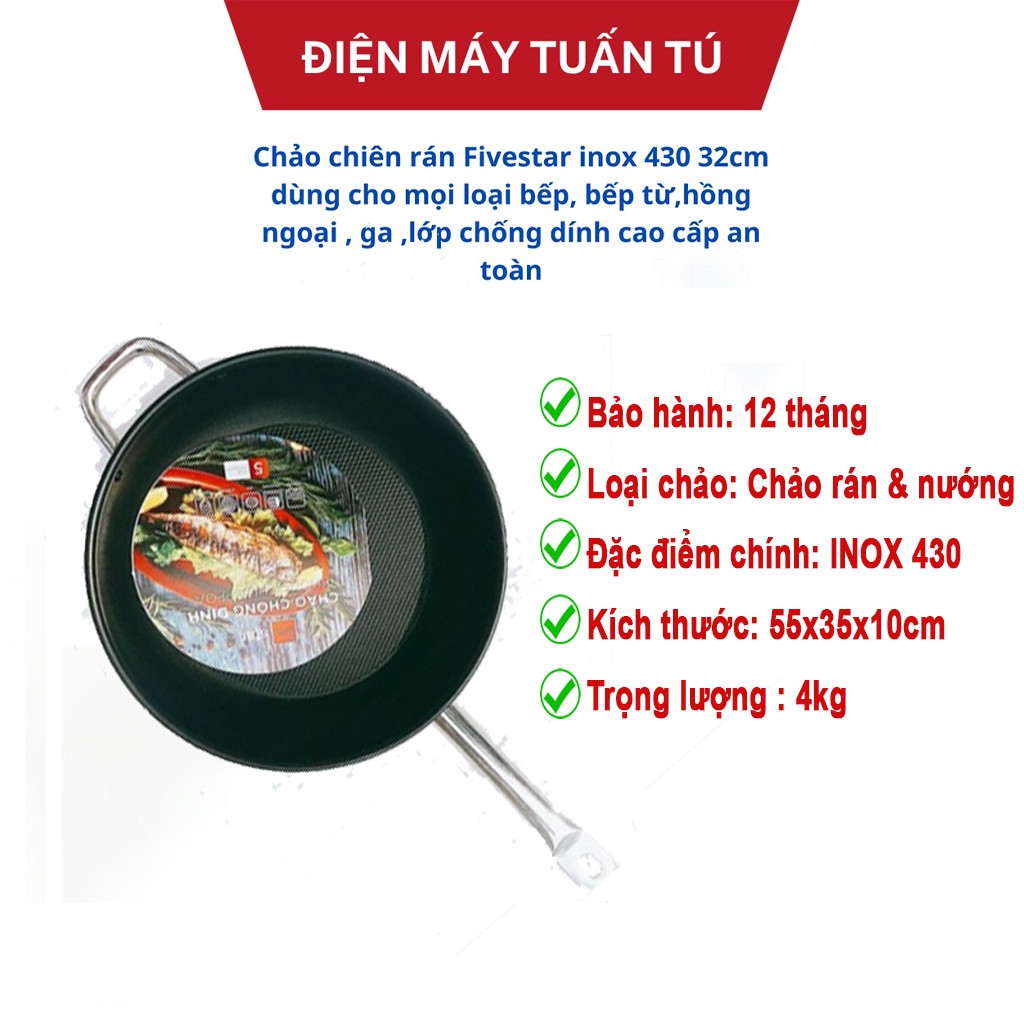 Chảo chiên rán Fivestar inox 430 32cm dùng cho mọi loại bếp, bếp từ,hồng ngoại , ga ,lớp chống dính cao cấp an toàn
