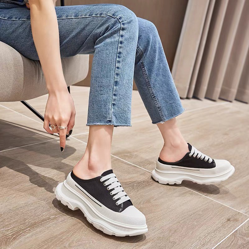 Giày  Sục Nam Nữ Unisex Độn Đế Hàn Quốc Đế Răng Cưa Dáng Trơn Buộc Dây