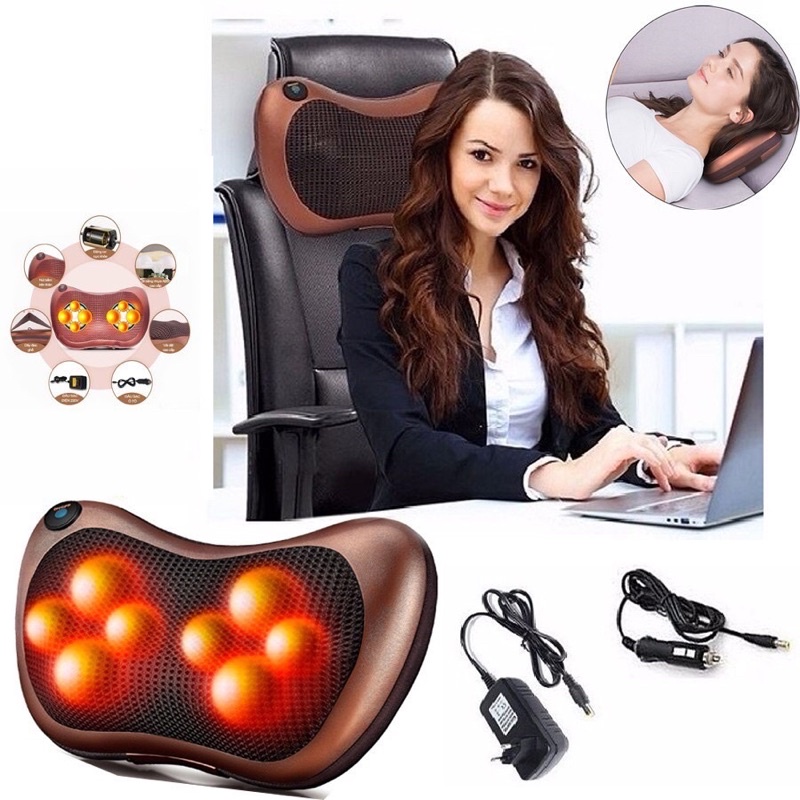 Gối Massage hồng ngoại 8 bi cao cấp matxa cổ vai gáy đa năng tự động đảo chiều có tẩu sạc ô tô tiện lợi❤️