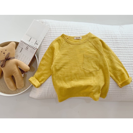 Áo phông dài tay cotton cho bé trai, bé gái trơn phối túi 6 màu basic