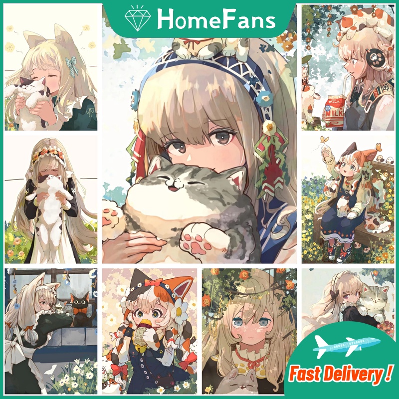 Bộ Tranh Đính Đá 5D Tự Làm 30x40cm / 40x50cm Hình Cô Gái Và Mèo Đáng Yêu