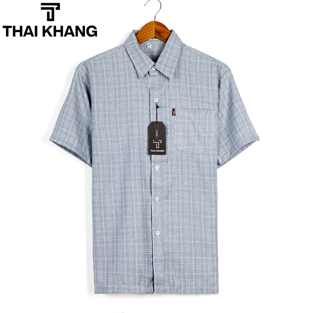 Áo sơ mi nam trung niên vải đũi caro mềm siêu mát do Thái Khang đặt riêng loại áo sơ mi nam ngắn tay form rộng ADUI14