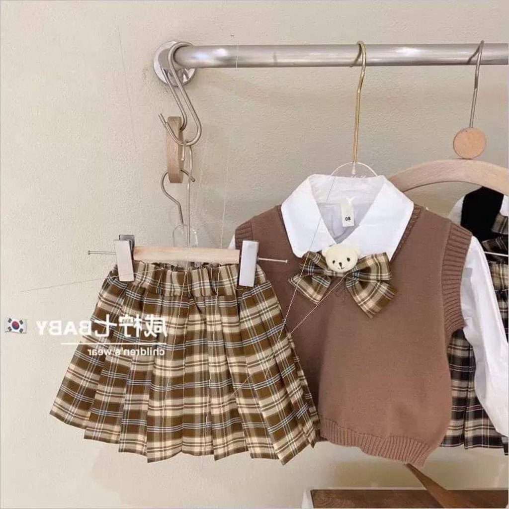 Đầm bé gái, set 3ct: áo sơ mi, áo len gile và chân váy xếp ly cho bé