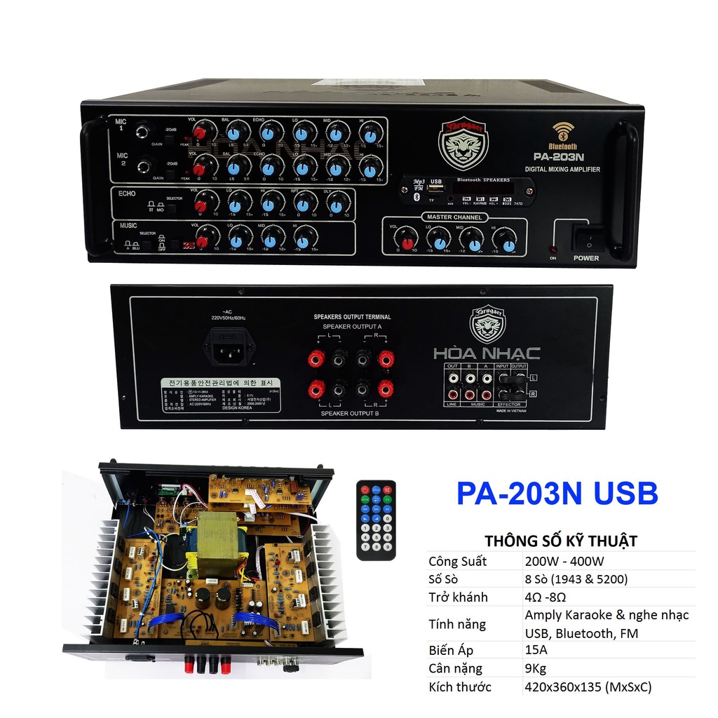Am ply 8 sò AC, nguồn 15A USB Bluetooth PA-203N USB