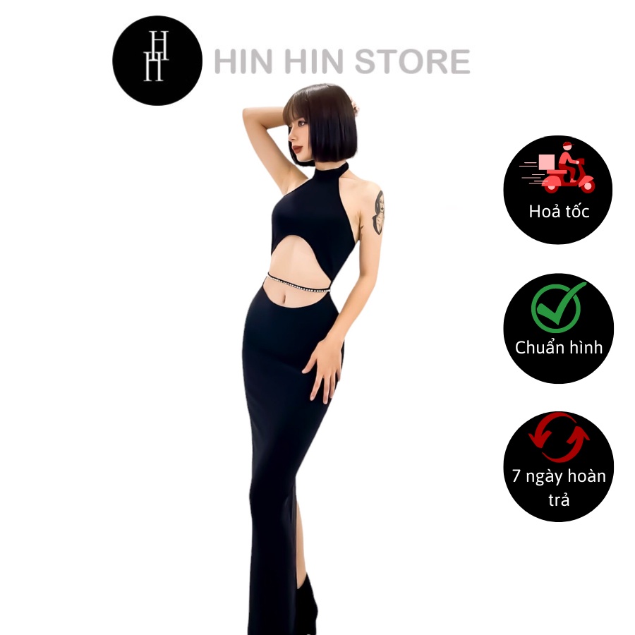 Đầm ôm body dài khoét eo xẻ tà màu đen HDT288 Hỉn Hỉn Store