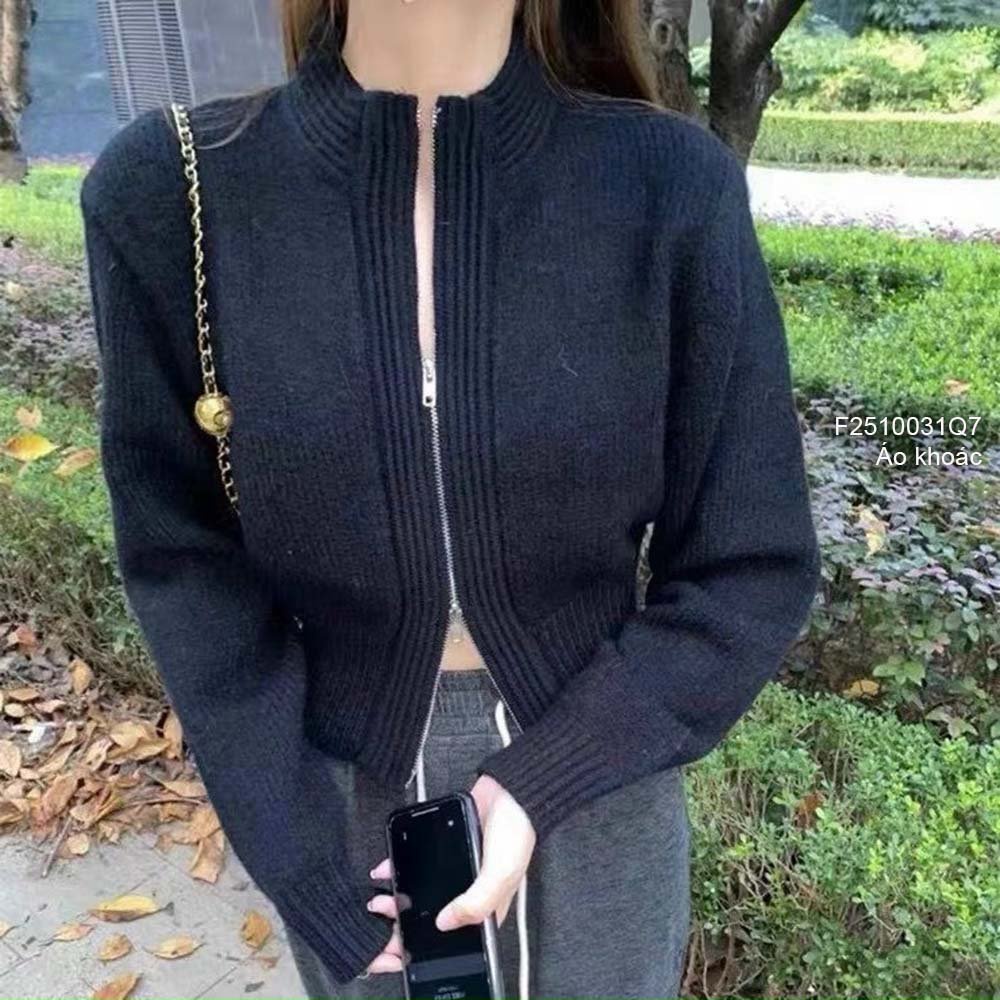 Áo khoác len cổ tròn kéo khóa tay dài không có nón!