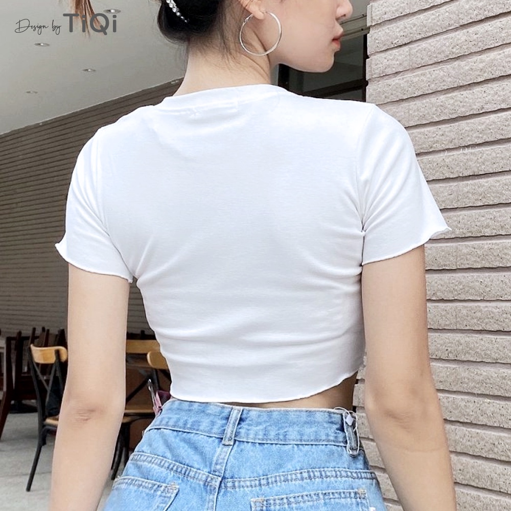 Áo croptop thun tay ngắn cổ tròn nút giữa nhiều màu TiQi Jeans A102