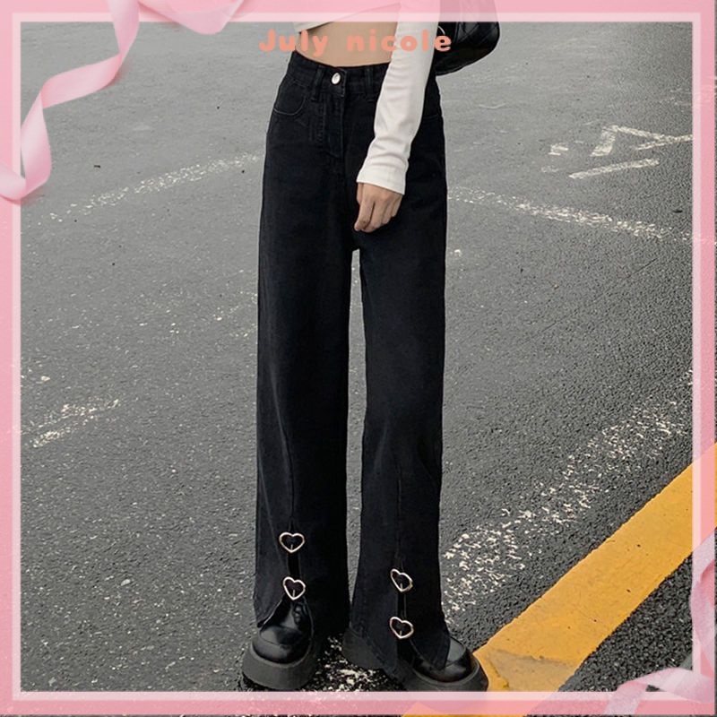 Nicole Straight Jeans Denim Pants Overalls Women Slim Pants Korean Pants Straight Pants Hong Kong Rui chic Black Split Jeans Love Design Loose Joker Straight Pants