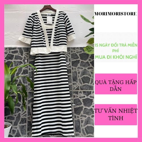 Set đầm body 2 dây dáng dài maxi kèm áo khoác len cardigan ngắn tay màu đen kẻ sọc trắng cực xinh chất thun mềm