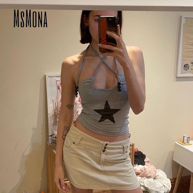 MsMona Big SPECIAL SPECIAL MsMona Áo Tank Top Hai Dây Cắt Thấp Ôm Eo Màu Tương Phản Hình Ngôi Sao Quyến Rũ Thời Trang 2022 Cho Nữ