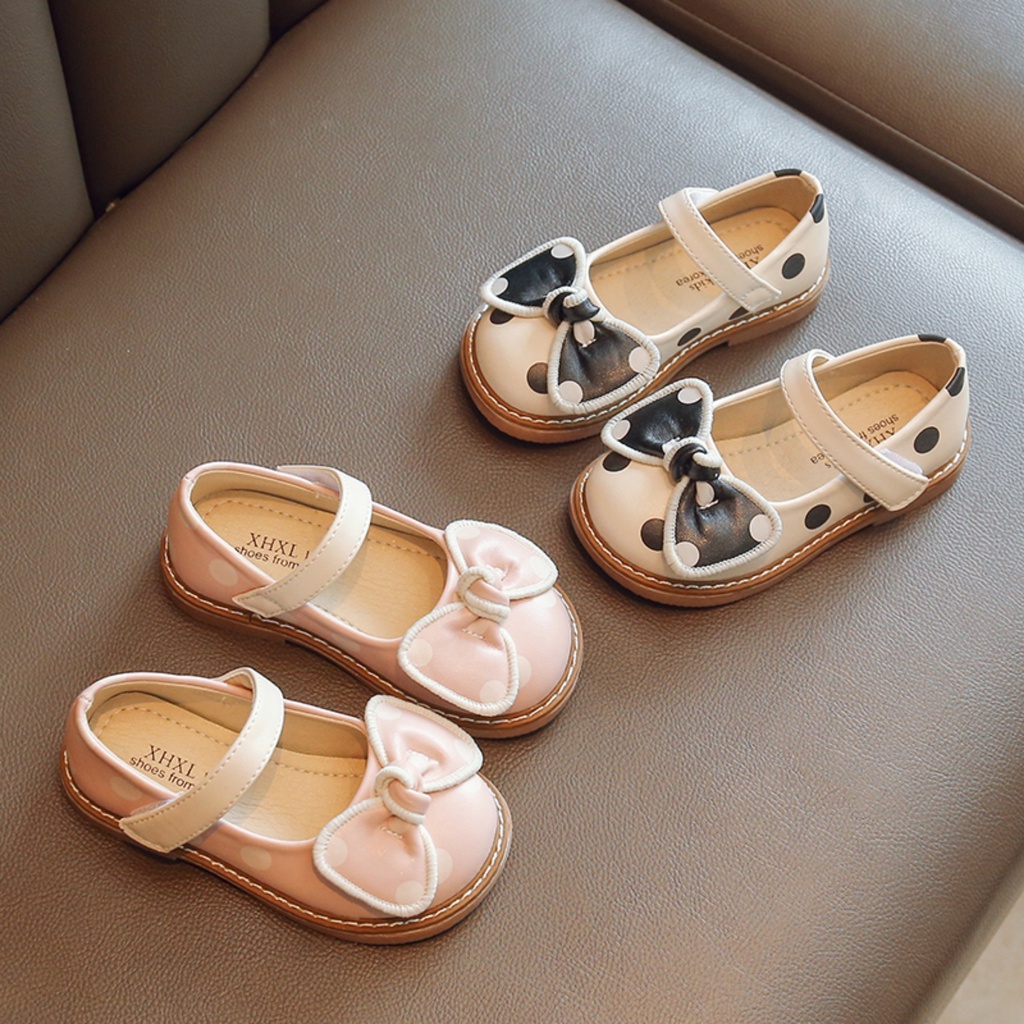 Giày búp bê bé gái quai dán chất da PU mềm phối nơ sau chấm bi nhiều màu dễ thương thoáng chân 2022-811