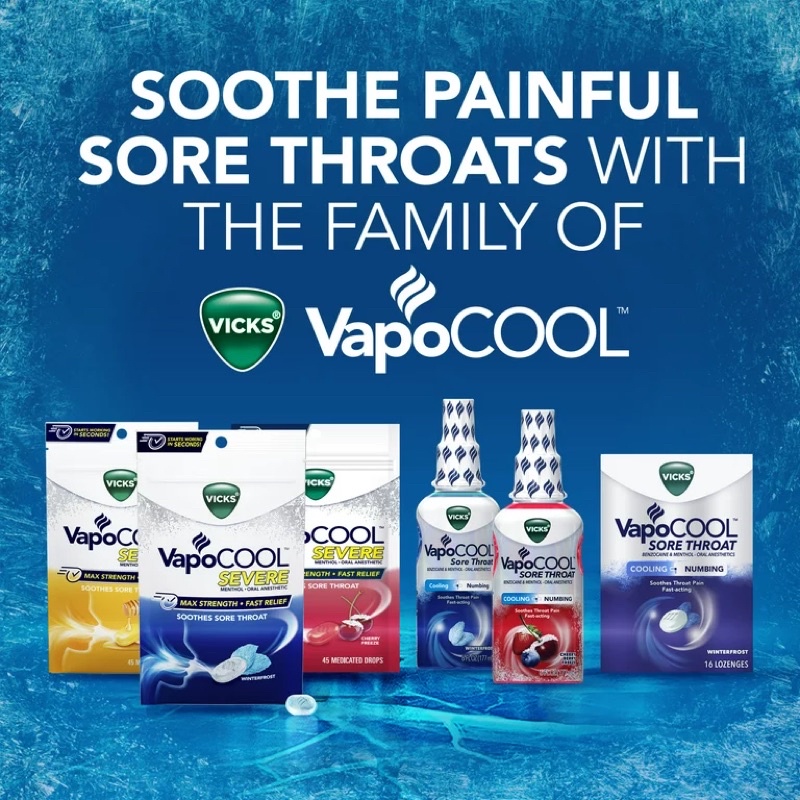 Kẹo ngậm bạc hà giảm ho, đau họng Vicks Vapocool Severe Medicated Sore Throat Drops 45 viên của Mỹ