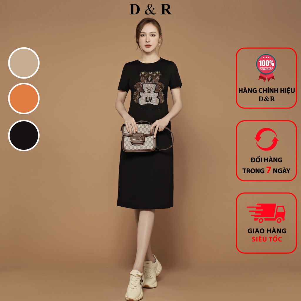 Đầm thun suông bigsize họa tiết đính đá gấu Quảng Châu cao cấp D&R Fashion D231