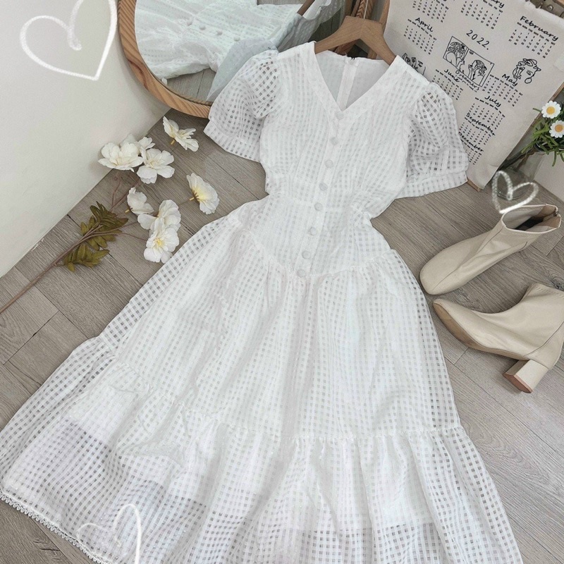ĐẦM DỤ TIỆC CỔ V NÚT BỌC WHITE DRESS