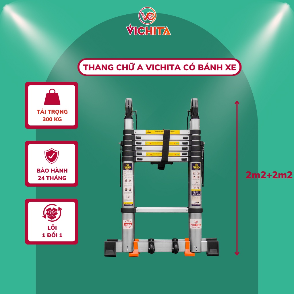 Thang Nhôm Rút Chữ A 4.4M (2.2+2.2M) - Có Bánh Xe, Thanh Giằng Chống Rung Lắc