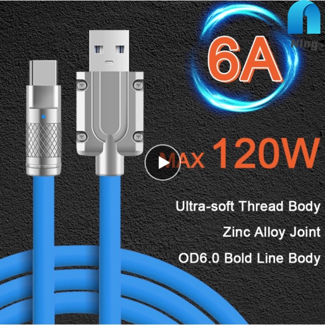 Dây Cáp Sạc Nhanh Usb Loại C 120w 6a Có Đèn Led Chỉ Báo Tương Thích Với Xiaomi Huawei Samsung