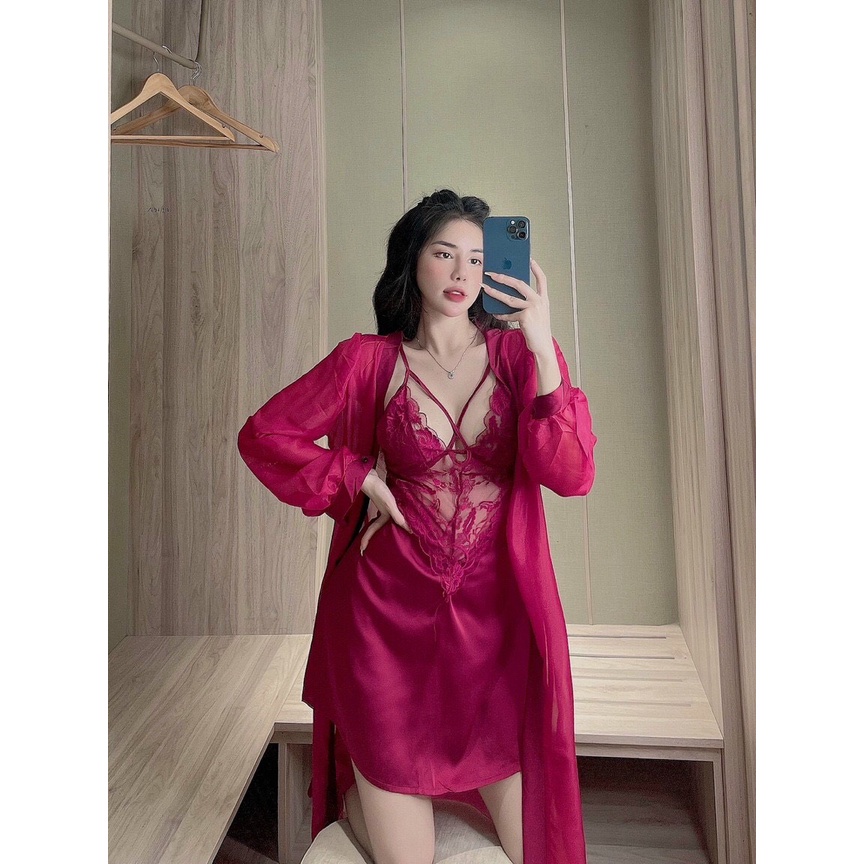 Đầm ngủ 2 dây sexy có áo choàng tay bí và mút ngực - Lụa latin cao cấp - Mặc ngủ/dạo phố/siêu sexy/mềm mại