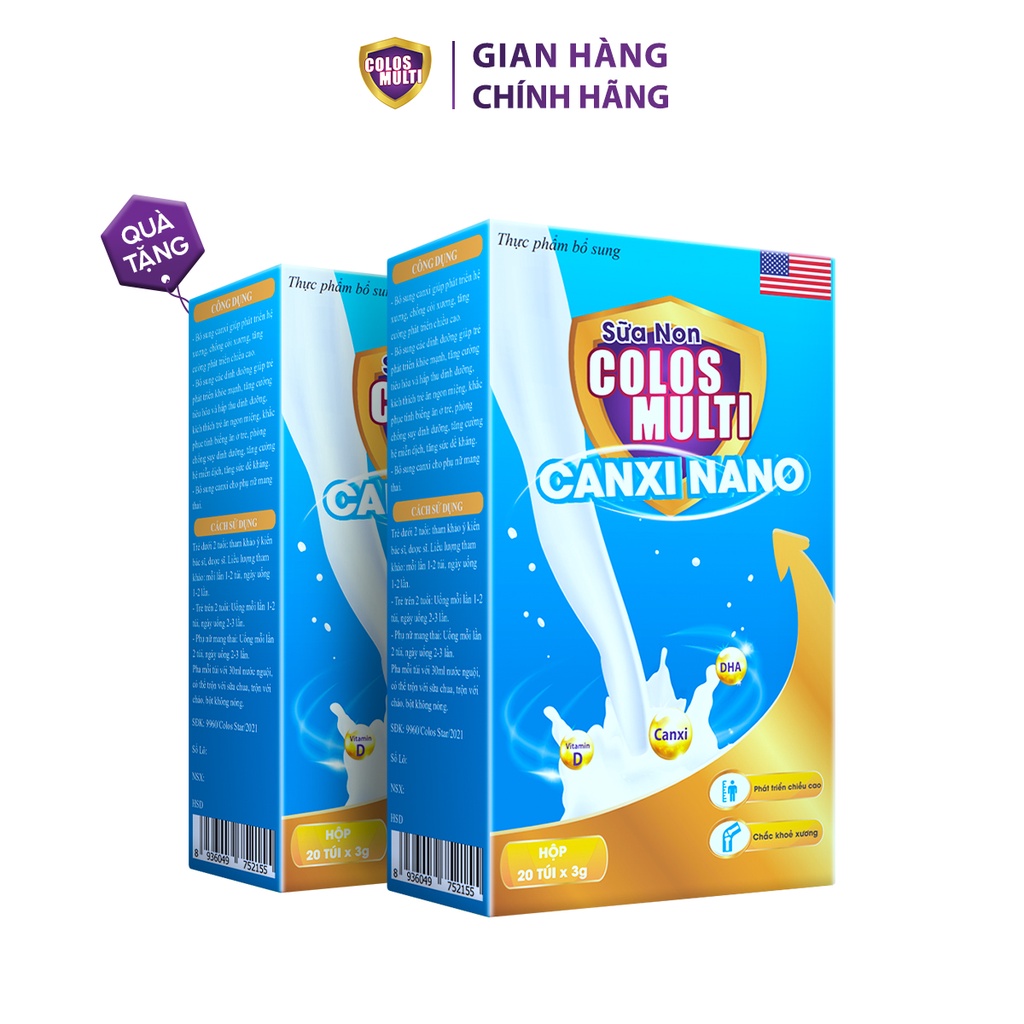 [Quà tặng] Combo 2 hộp Sữa non Colosmulti Canxi Nano hộp 20 góix3g giúp bé chắc khỏe xương,phát triển chiều cao