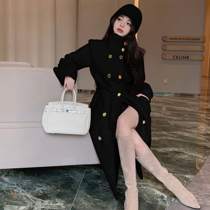 Áo khoác mangto dáng dài dạ cao cổ YIMI cúc vàng thời trang thu đông