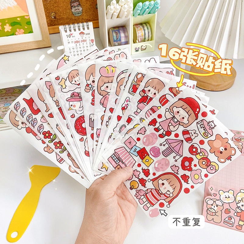 Set 16 Tấm Sticker Dán Trang Trí Sổ Tay diy Họa Tiết Hoạt Hình Dễ Thương