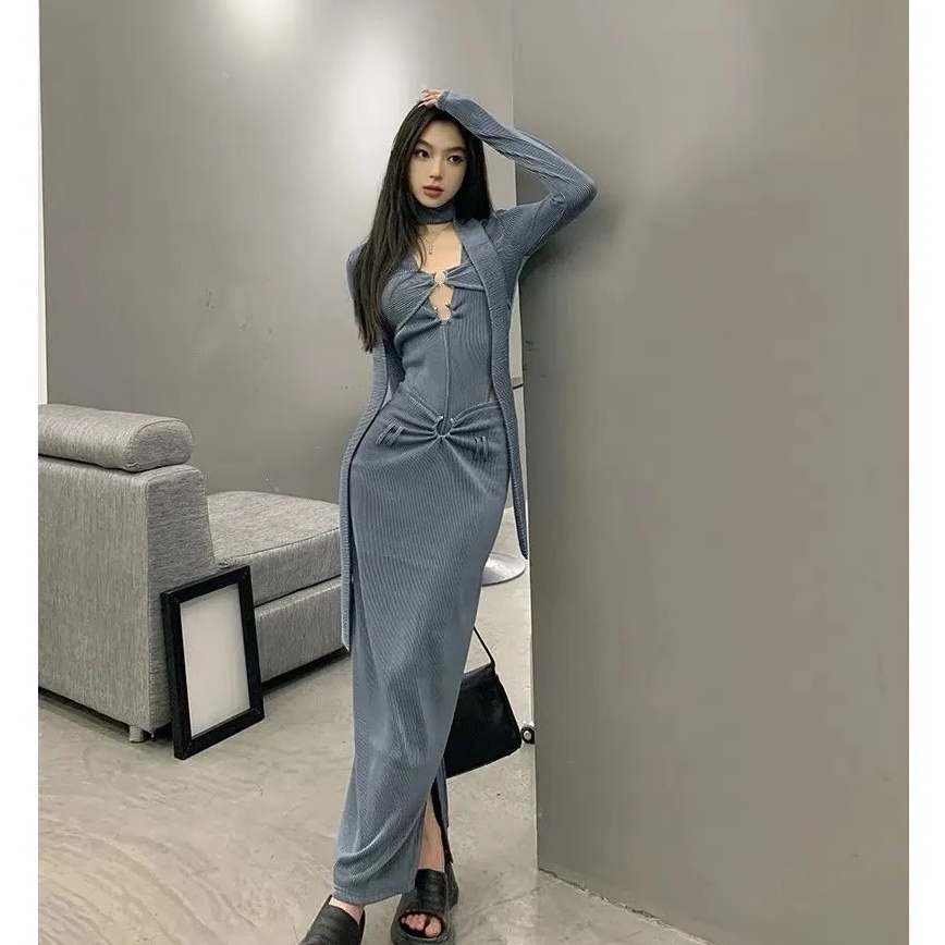 Set áo liền thân Croptop màu xanh xám combo chân váy dài đường phố thu đông hàng thiết kế cao cấp B018 mới 2022 | BigBuy360 - bigbuy360.vn