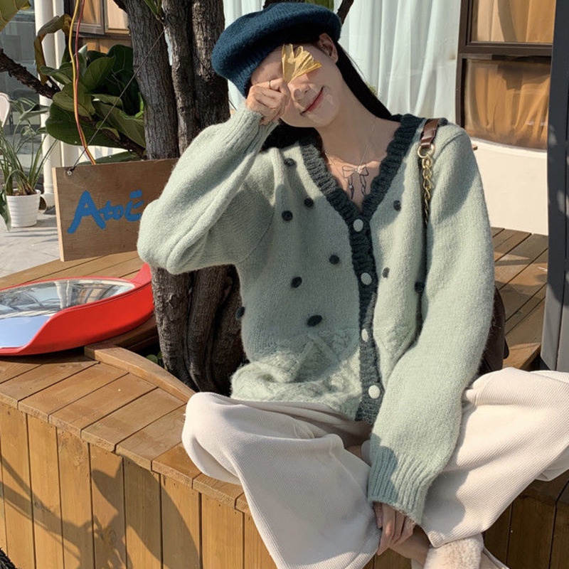 Áo Khoác Dệt Kim Tay Dài Cổ Chữ v Phối Ren Màu Tương Phản Thời Trang Hàn Quốc Cho Nữ