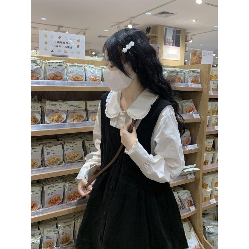 Set Áo Sơ Mi Cổ Đứng + Đầm Yếm Dáng Rộng Thời Trang Theo Phong Cách Hàn Quốc