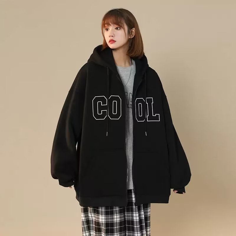 IELGY    Áo Hoodie Dáng Rộng Phối Khóa Kéo Phong Cách retro Mỹ Cho Nữ