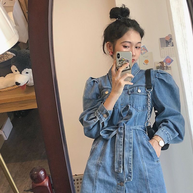 Áo Sơ Mi Denim Tay Phồng Dáng Rộng Thời Trang Xuân Thu 2022 Mới Cho Nữ