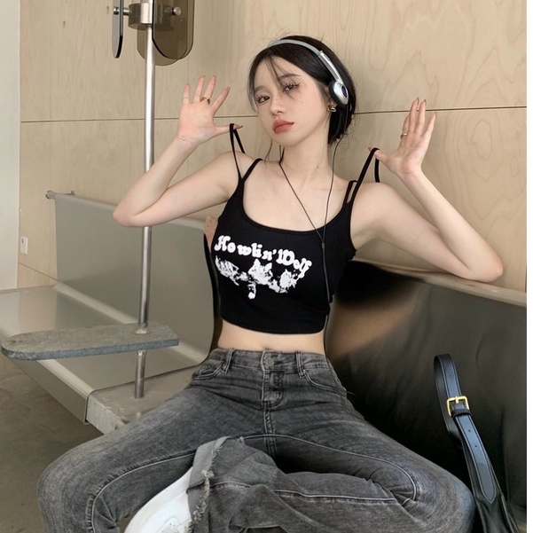 Áo Bra Cotton 2 Dây Kép Có Đệm Mút In Hoạ Tiết Trước Ngực 6603