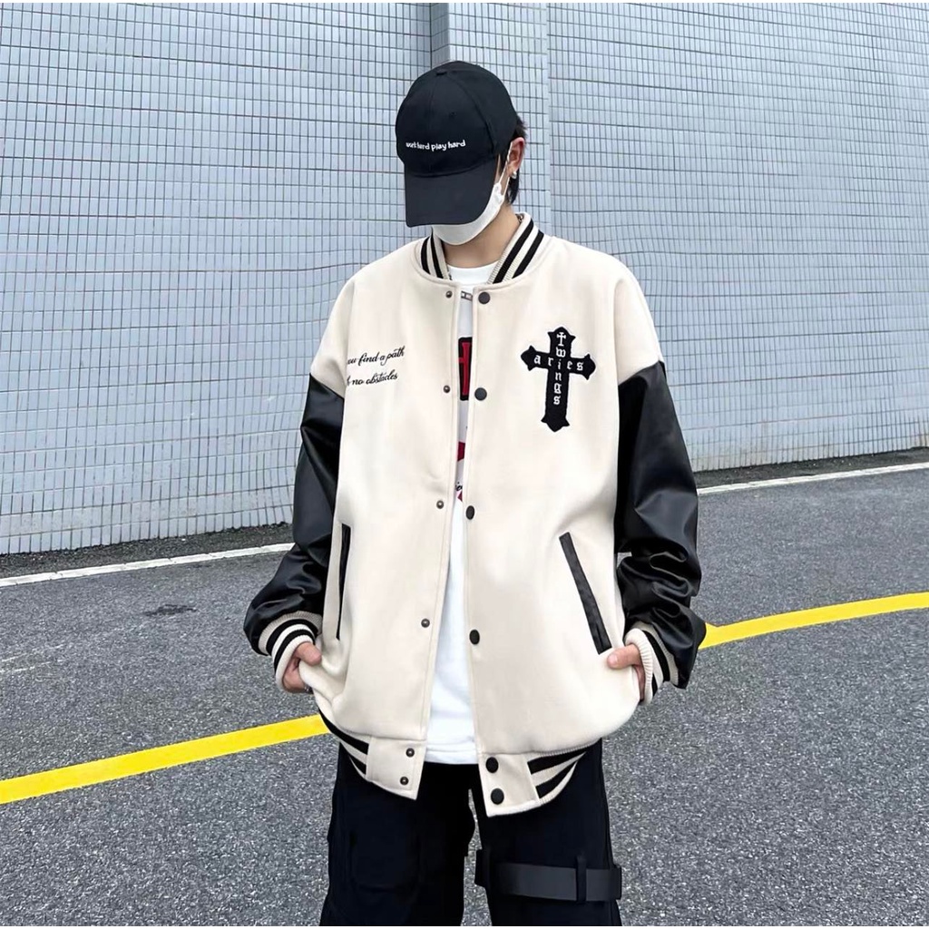 Áo Khoác varsity Thêu chữ thập vintage chất dạ 2 lớp phối tay da Pu cao cấp KunShop04